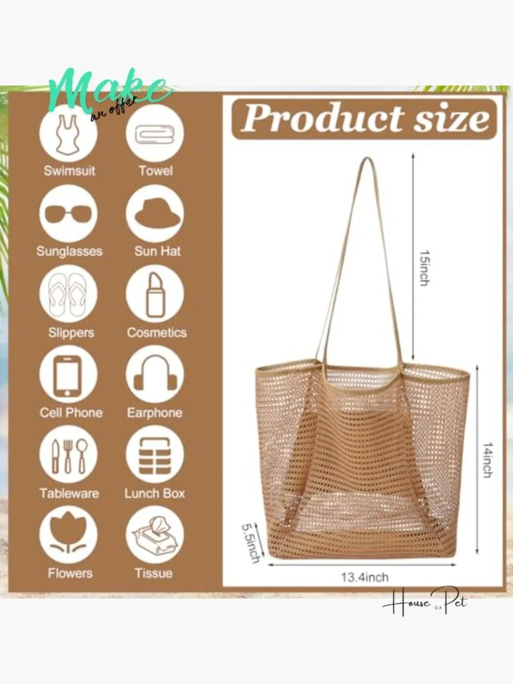 10 Pcs Mesh Beach Tote & Straw Hat Set with Earrings - Picture 2 of 7